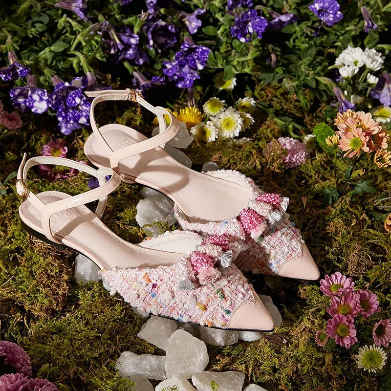 B-FEI Flat pointed toe sheepskin spring low-heeled tweed ballet flat sandals- CALI