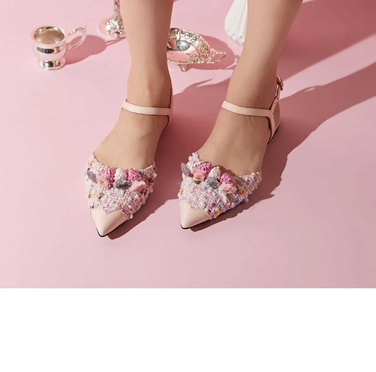 B-FEI Flat pointed toe sheepskin spring low-heeled tweed ballet flat sandals- CALI