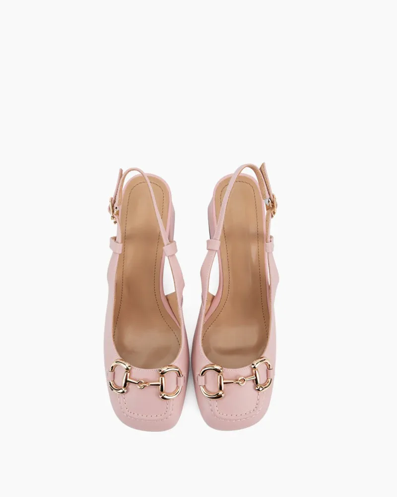 Classic Metal Buckle Thick Heel Slingback Loafers