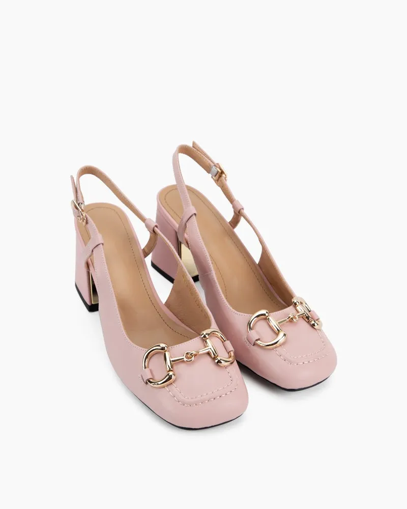 Classic Metal Buckle Thick Heel Slingback Loafers