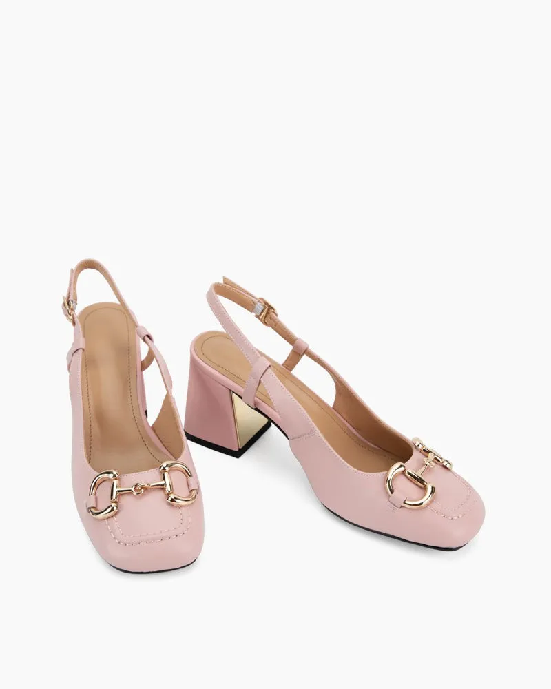 Classic Metal Buckle Thick Heel Slingback Loafers
