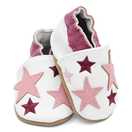 Dotty Fish Soft Leather Infant Shoes Girls pre-Walkers. White with Pink Stars. 0-6 Months