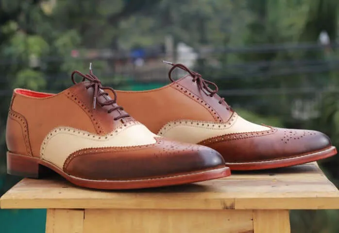 Men’s Handmade Brown & White Color Leather Shoes, Men Wing Tip Brogue Dress Formal Lace Up Shoes