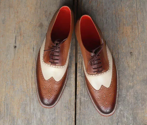 Men’s Handmade Brown & White Color Leather Shoes, Men Wing Tip Brogue Dress Formal Lace Up Shoes