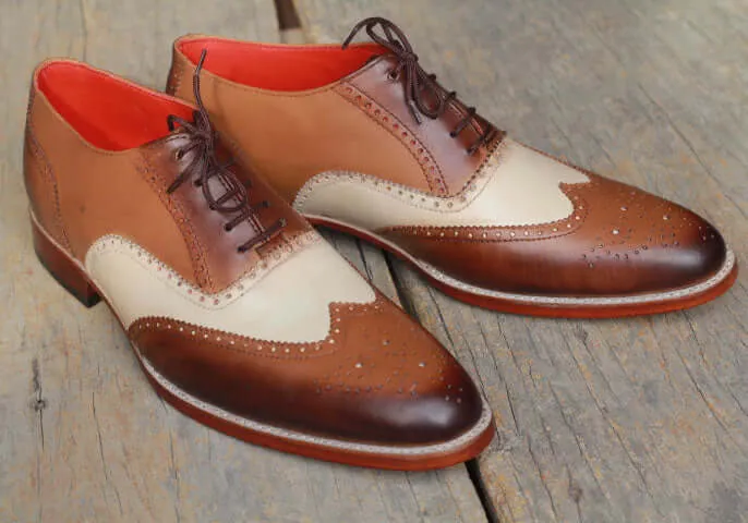 Men’s Handmade Brown & White Color Leather Shoes, Men Wing Tip Brogue Dress Formal Lace Up Shoes