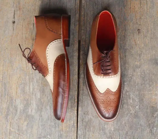 Men’s Handmade Brown & White Color Leather Shoes, Men Wing Tip Brogue Dress Formal Lace Up Shoes