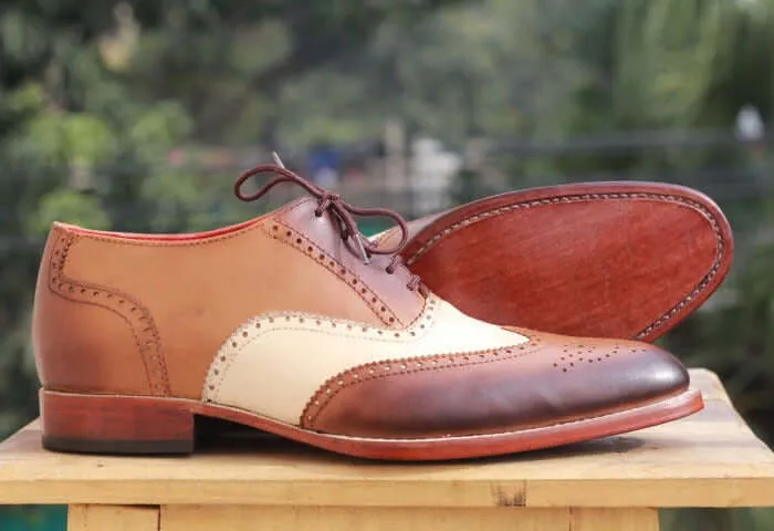 Men’s Handmade Brown & White Color Leather Shoes, Men Wing Tip Brogue Dress Formal Lace Up Shoes