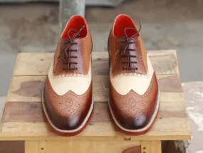 Men’s Handmade Brown & White Color Leather Shoes, Men Wing Tip Brogue Dress Formal Lace Up Shoes